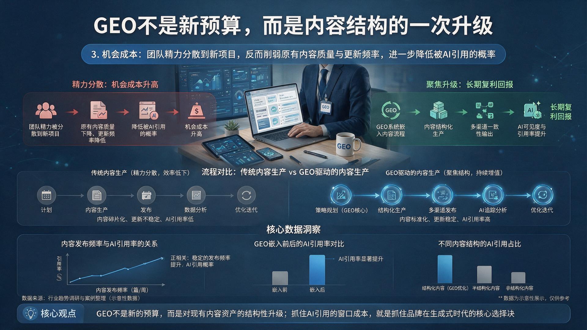 配图:3. **机会成本**:团队精力被分散到新项目上,反而削弱了原有内容的质量和更新频率,进一步降低被 AI 引用的概率。